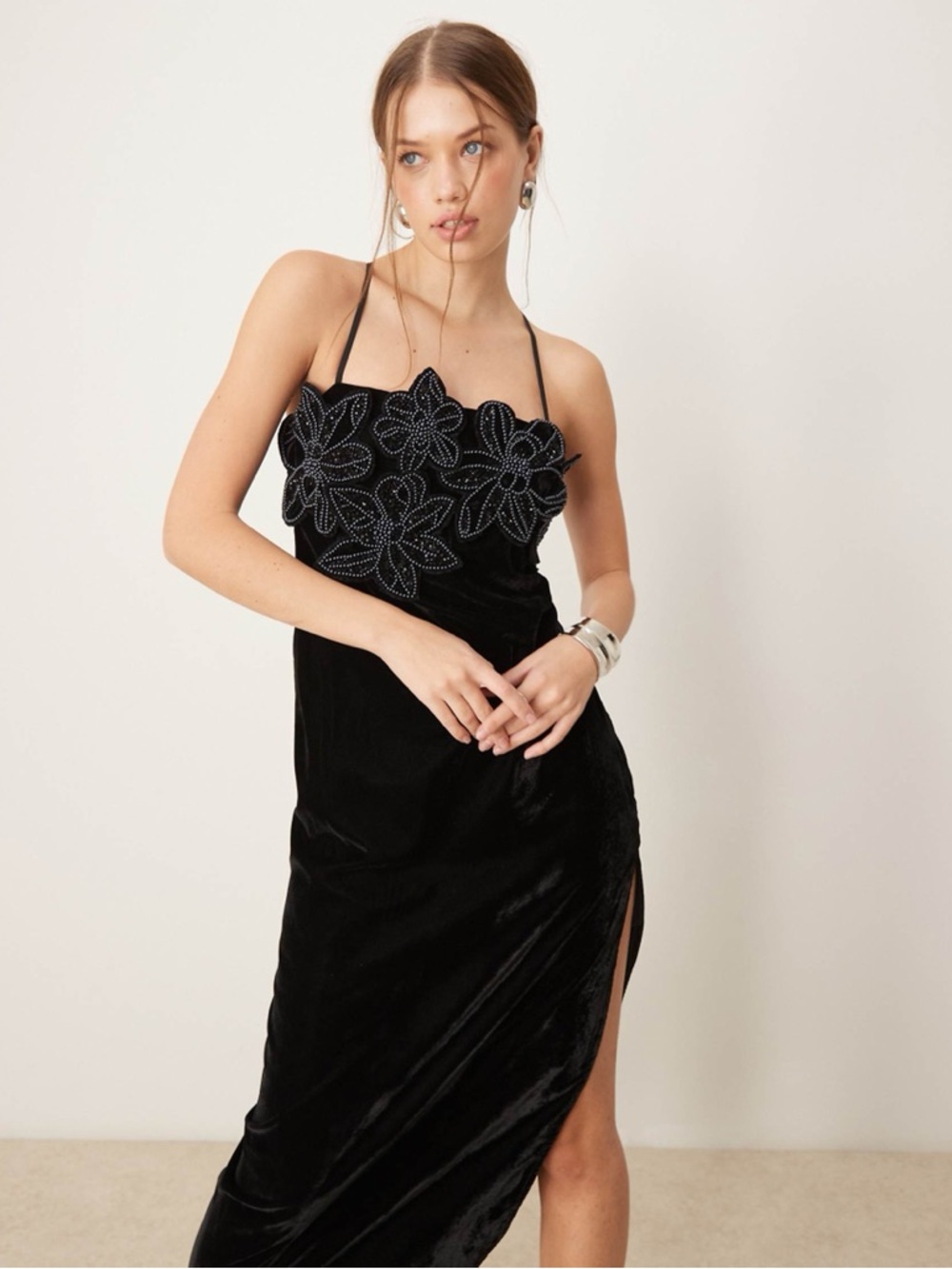 ASOS Black Velvet Slip Dress with Floral Beaded Bust